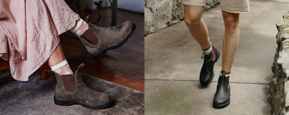 A sisde by side image of a blundstone 585 and brown 500 both on models feet