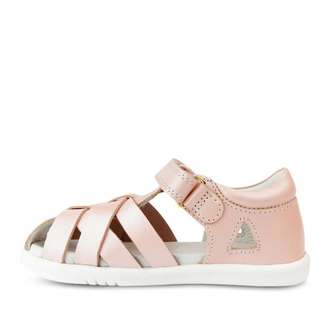 The Bobux Iwalk IW Tropicana II Sandal 638305 in Seashell Pink is a kids' sandal with closed heel, open toe, white sole, quick-dry leather, crisscross straps, side cutout, and adjustable hook-and-loop ankle strap—ideal for summer., 9420068504356, 9420068504363, 9420068504370, 9420068504387, 9420068504394
