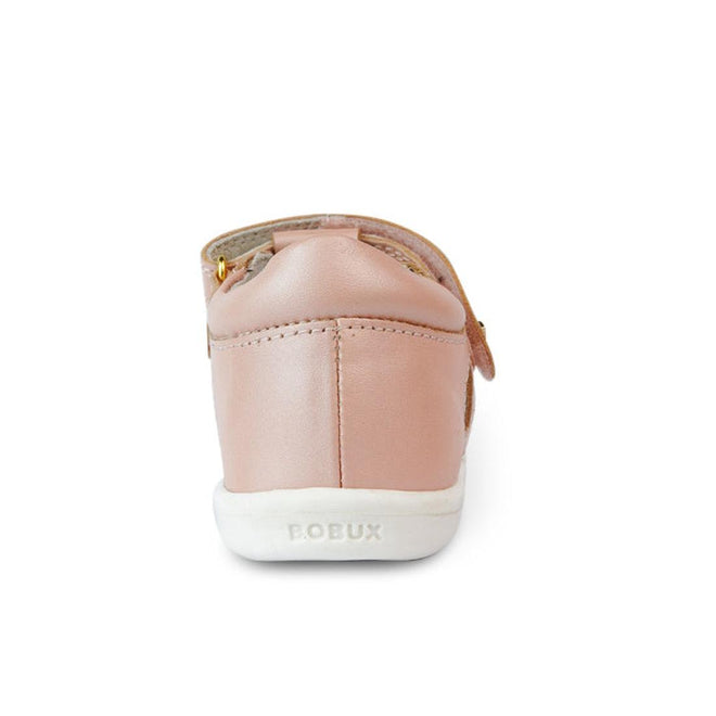 A close-up rear view of the Bobux Iwalk IW Tropicana II Sandal 638305 in Seashell Pink, a kids' summer sandal with a white sole, quick-dry leather, BOBUX embossed on the heel, and a subtle side zipper detail., 9420068504356, 9420068504363, 9420068504370, 9420068504387, 9420068504394