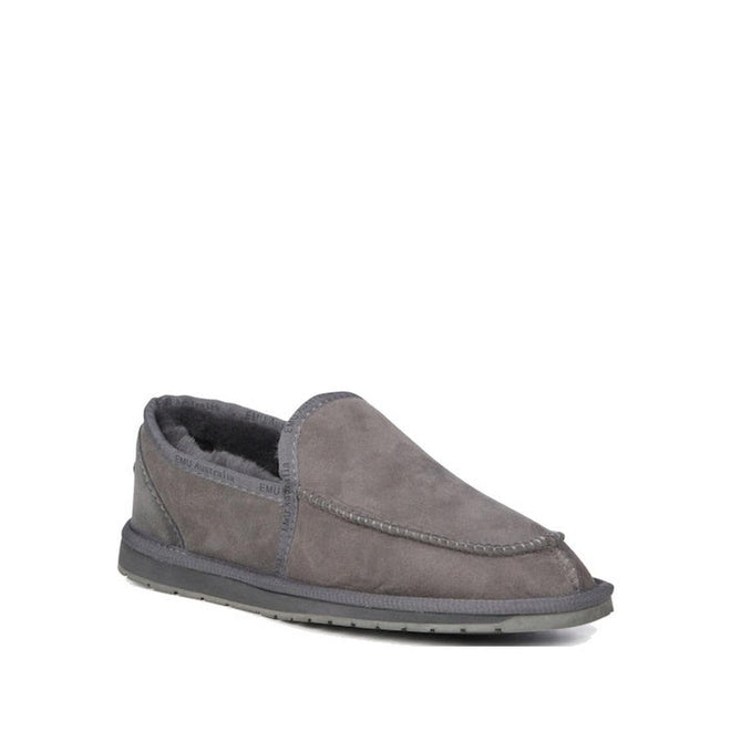 A charcoal grey EMU Hume slip on  moccasin style slipper with a sheepskin footbed and lining  and a durable outsole.,
