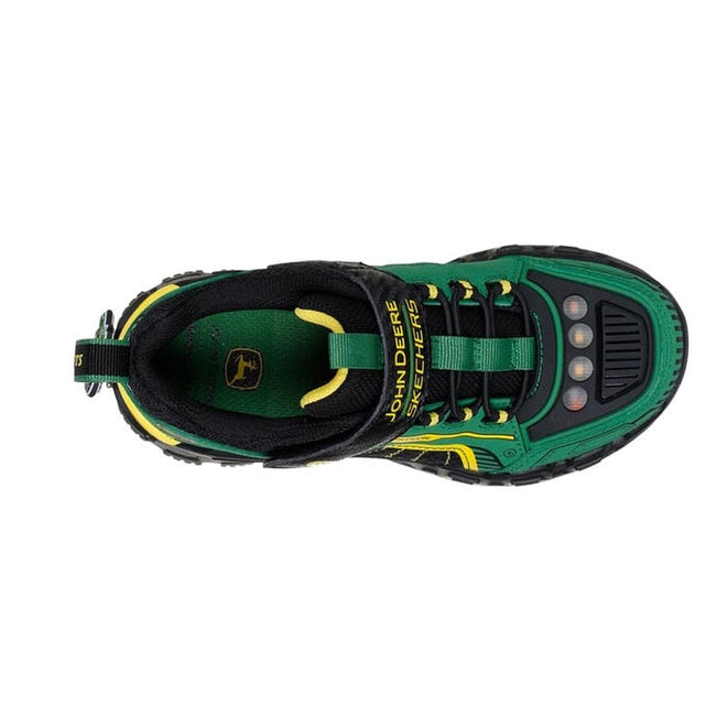 Top view of Skechers Boys Youths John Deere Sneakers Rugged Brights Light Ups Green, featuring green, yellow, and black design, lighted toe, cushioned comfort insole with John Deere logo, and Skechers branding., 197976548367, 197976548381, 197976548404, 197976548428, 197976548442, 197976548466, 44543, 44544
