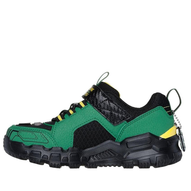 The Skechers Boys Youths John Deere Sneakers Rugged Brights Light Ups Green are green and black athletic sneakers with a chunky sole, black mesh and leather details, yellow accents, cushioned insole, and a heel pull tab, shown from the side on a white background., 197976548367, 197976548381, 197976548404, 197976548428, 197976548442, 197976548466, 44543, 44544