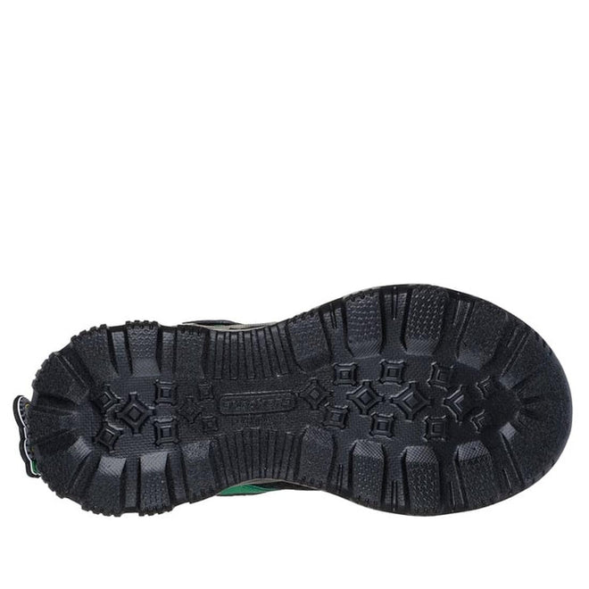 The image shows the bottom view of a black rugged boot sole with deep, textured treads for grip and durability. Like Skechers Boys Youths John Deere Sneakers Rugged Brights Light Ups Green, it features geometric patterns and thick grooves for stability., 197976548367, 197976548381, 197976548404, 197976548428, 197976548442, 197976548466, 44543, 44544