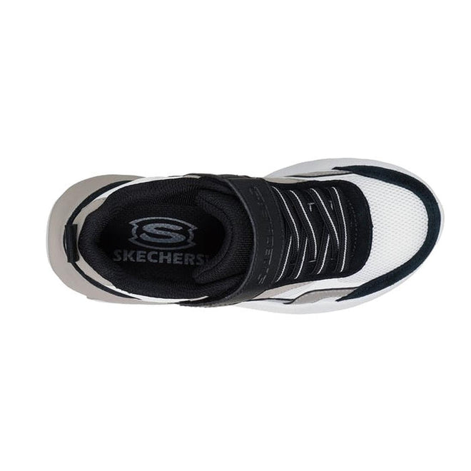 Top view of the Skechers Boys Youths SKX-225 Natural Black Sneaker, featuring a black and white mesh upper, Velcro strap, visible insole logo, and cushioned comfort insole for all-day support., 198376840600, 198376840624, 198376840648, 198376840662, 198376840686, 198376840709, 198376840723, 44536