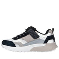 The Skechers Boys Youths SKX-225 Natural Black Sneaker features a chunky white sole, black lace-up front and Velcro strap, multi-tone panels in black, grey, beige, and white, a heel pull tab, textured design, and a cushioned comfort insole., 198376840600, 198376840624, 198376840648, 198376840662, 198376840686, 198376840709, 198376840723, 44536