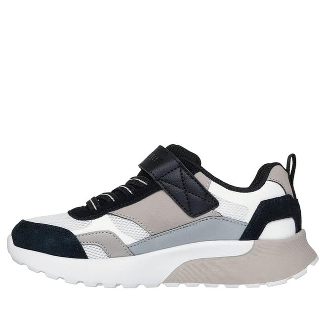 The Skechers Boys Youths SKX-225 Natural Black Sneaker features a chunky white sole, black lace-up front and Velcro strap, multi-tone panels in black, grey, beige, and white, a heel pull tab, textured design, and a cushioned comfort insole., 198376840600, 198376840624, 198376840648, 198376840662, 198376840686, 198376840709, 198376840723, 44536