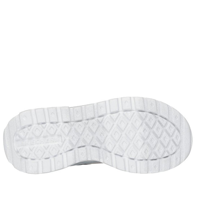 The image shows the bottom view of a white sole with a diamond-patterned tread and SKECHERS embossed on the side, highlighting the Skechers Boys Youths SKX-225 Natural Black Sneaker featuring a cushioned comfort insole., 198376840600, 198376840624, 198376840648, 198376840662, 198376840686, 198376840709, 198376840723, 44536