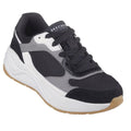 The Skechers Kids Nova Jogger Chroma Classic Black Youths is a retro-inspired athletic shoe for youths, featuring black, white, and gray mesh and suede panels, a chunky white sole, gum outsole, cushioned insole, black laces, and visible Skechers logos.