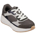 The Skechers Kids Nova Jogger Chroma Classic Olive Youths features dark and light grey mesh with suede-like panels, white laces, a chunky white sole with a gum toe tip, and a cushioned insole—ideal for wearing with olive green joggers.