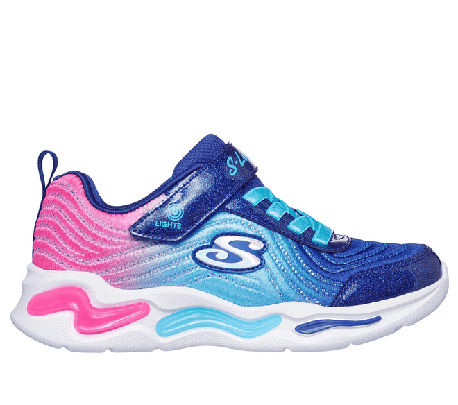 The Skechers Girls Light Ups - Wavy Beams Ombre Express Navy Multi features blue, pink, and purple shades, blue laces, a Velcro strap, white sole with pink and blue accents, light-up details, wavy design, and an S logo., 44516, 197976390843, 197976390867, 44519, 44520, 44521