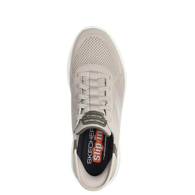 Top view of a taupe Skechers Mens Slip Ins Bounder 2.0 Emerged athletic shoe with mesh details, light laces, and Slip-ins branding on the black memory foam insole., 42449, 42450, 196989485171, 42452, 196989485195, 42454, 196989485218