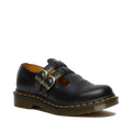 The Dr Martens 8065 2 Strap Mary Jane Shoe Black Smooth features smooth black leather, two buckle straps, decorative toe perforations, and a chunky sole with signature yellow stitching.