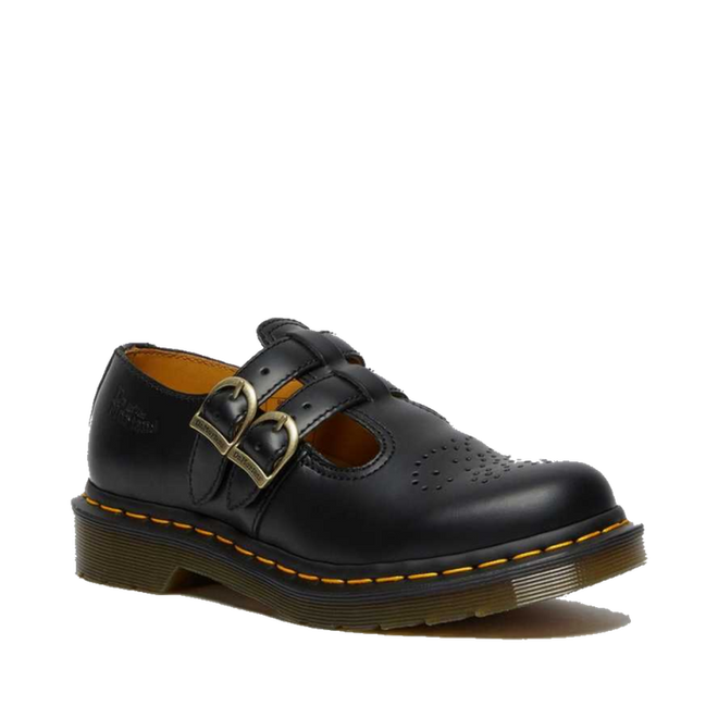 The Dr Martens 8065 2 Strap Mary Jane Shoe Black Smooth features smooth black leather, two buckle straps, decorative toe perforations, and a chunky sole with signature yellow stitching.
