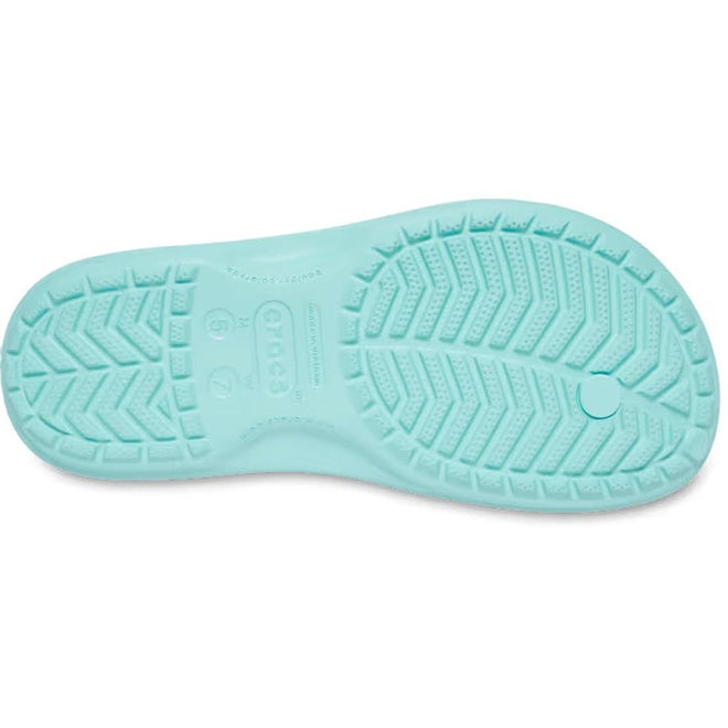 The Crocs - Crocband Flip Aquamarine Adults womens & mens features a light blue rubber sole with zigzag grooves and circular textures for Crocs Comfort, seen from the bottom., 48884, 198445268519, 198445268526, 198445268533, 198445268540, 48889, 48890, 48891, 48892