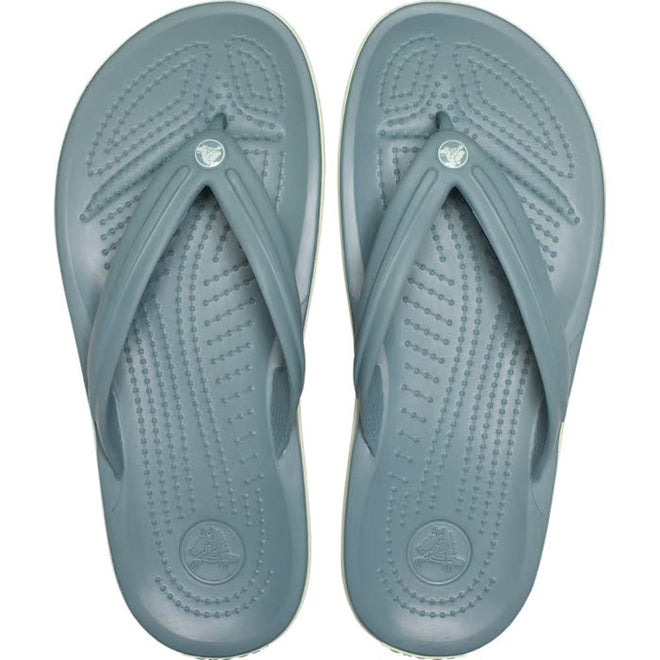 A pair of Crocs Crocband Flip Pond Blue jandals for men and women, featuring textured footbeds and patterned straps, viewed from above—designed for all-day Crocs Comfort., 48875, 198445100857, 198445100864, 198445100871, 198445100888, 48880, 48881, 48882, 48883