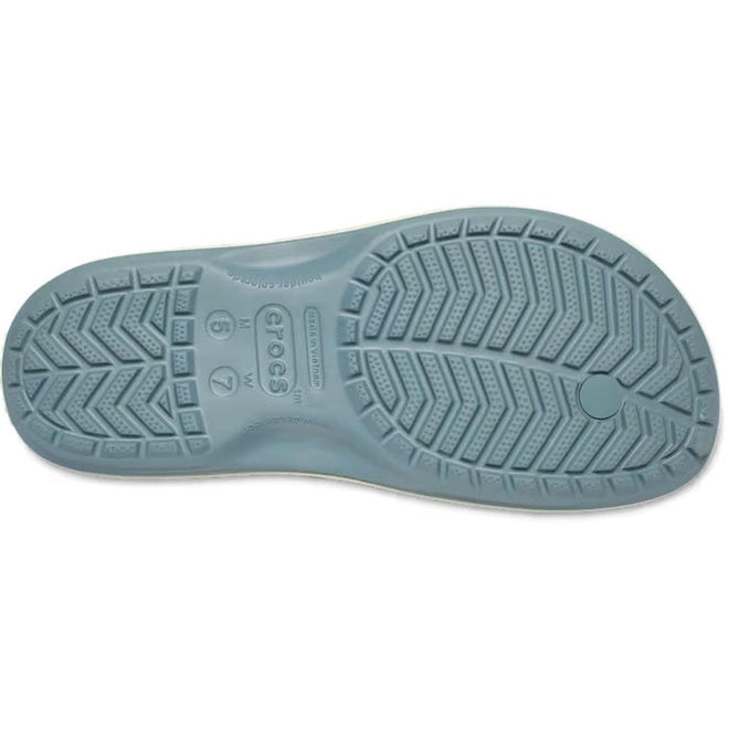 The bottom view of the Crocs - Crocband Flip Pond Blue Adults womens & mens showcases diverse tread patterns and clear branding, making it a stylish and practical choice for any unisex jandal collection., 48875, 198445100857, 198445100864, 198445100871, 198445100888, 48880, 48881, 48882, 48883