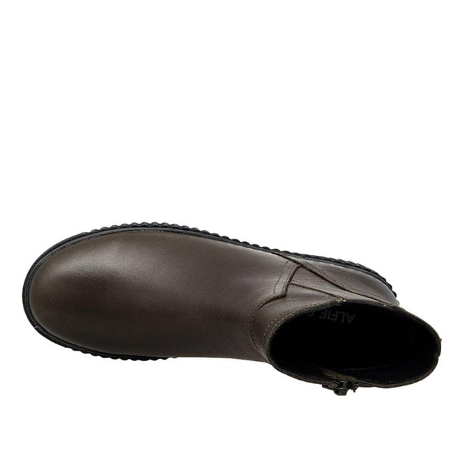 43576,
43577,
43578,
43579,
43580,
43581,
43582,
Top Down View of Alfie & Evie Desmond women's boot in khaki leather with V-cut side detail and black Elevate Platform Sole.