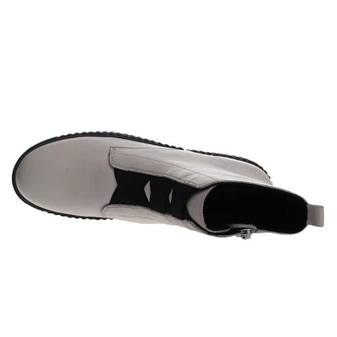 Alfie & Evie Date boot in stone leather with elastic cross-over front detail, side zip and chunky black Elevate Platform Sole – women’s ankle boot. top down of Right Foot View