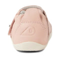 A rear view of the Bobux XP Explorer Ripple First Walker Cameo Rose 502603 showcases a soft pink baby shoe with a white sole and an embossed B logo on the heel, designed for growing toddlers with its flexible sole., 42846, 9420068568518, 9420068568525, 9420068568532