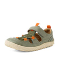 The Bobux Kid+ KP Rocky Leather Closed Toe Sandal in Vetiver Green is a kids’ sandal featuring a green and beige leather design with orange accents, breathable mesh panels, a Velcro strap for easy fastening, and a rugged sole—perfect for outdoor or casual wear.
