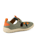Introducing the Bobux Kid+ KP Rocky Leather Closed Toe Sandal Vetiver Green Barefoot—a durable and comfortable kids’ sandal featuring a green and orange colorway, closed-toe design, tan sole, mesh and leather upper, velcro strap fastening, and orange pull tabs at the heel and tongue.