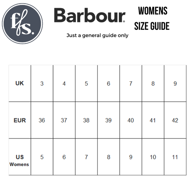 Barbour Abbey Black Tall Welly Women's Rainboot size chart: UK (3-9), EUR (36-42), US (5-11). Helpful for picking the right fit. Note: This chart is a general guide only., 51350, 192569962865, 192569963022, 192569963145, 51354, 51355