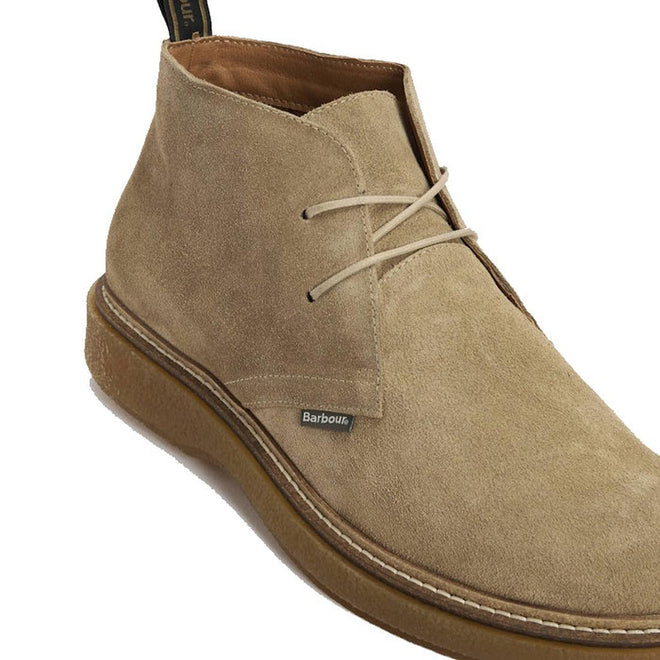 Barbour Mens Blaine Chukka Lace Up Taupe Suede Boot featuring beige laces, a thick textured sole, side tag, and light brown Alaline leather lining for comfort and style., 5063669166789, 5063669166796, 5063669166734, 5063669166741