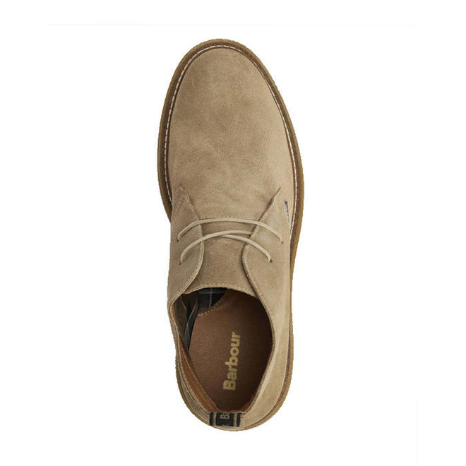 Top view of the Barbour Mens Blaine Chukka Lace Up Taupe Suede Boot with a brown sole and branded insole—classic taupe suede boots designed for style and comfort., 5063669166789, 5063669166796, 5063669166734, 5063669166741