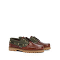 Barbour Mens Re-Engineered Deck Boat Shoes in mahogany leather feature green ankle fabric, gold eyelets, brown laces, and chunky tan rubber soles—classic men's casual shoes shown on a white background., 5020985780440, 5020985781133, 5020985777563, 51884