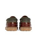 Back view of Barbour Mens Re-Engineered Deck Boat Shoes in mahogany, featuring brown leather and green fabric uppers, tan outsoles, and brass eyelets—shown against a white background., 5020985780440, 5020985781133, 5020985777563, 51884