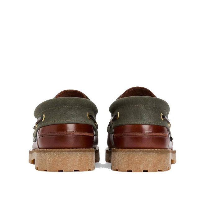 Back view of Barbour Mens Re-Engineered Deck Boat Shoes in mahogany, featuring brown leather and green fabric uppers, tan outsoles, and brass eyelets—shown against a white background., 5020985780440, 5020985781133, 5020985777563, 51884
