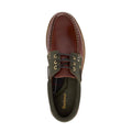 Top view of Barbour Mens Re-Engineered Deck Boat Shoes Mahogany, featuring brown leather, green fabric sides, white stitching, brass eyelets, and a gold Barbour logo on the insole—classic men's casual footwear., 5020985780440, 5020985781133, 5020985777563, 51884