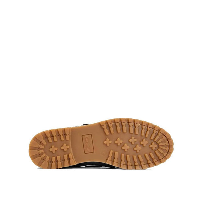 The image shows the bottom view of the Barbour Mens Re-Engineered Deck Boat Shoes Mahogany, featuring a tan rubber sole with deep treads for grip, a rectangular logo at the center, and a black upper for men's casual wear., 5020985780440, 5020985781133, 5020985777563, 51884