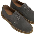 The Barbour Men's Harefield Derby Lace Up Shoe in Slate Grey Suede features brown rubber soles, visible stitching, and a subtle Barbour tag near the laces for understated branding., 5063669166710, 5063669166727, 5063669166666, 5063669166673