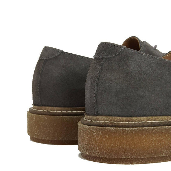 Close-up of two Barbour Mens Harefield Derby Lace Up Shoes in slate grey suede with thick, textured brown crepe soles, shown from the back and sides against a white background., 5063669166710, 5063669166727, 5063669166666, 5063669166673