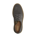 Top view of Barbour Mens Harefield Derby Lace Up Shoe: slate grey suede shoes with light brown stitching, a brown Barbour-branded inner sole, and plaid lining near the heel., 5063669166710, 5063669166727, 5063669166666, 5063669166673