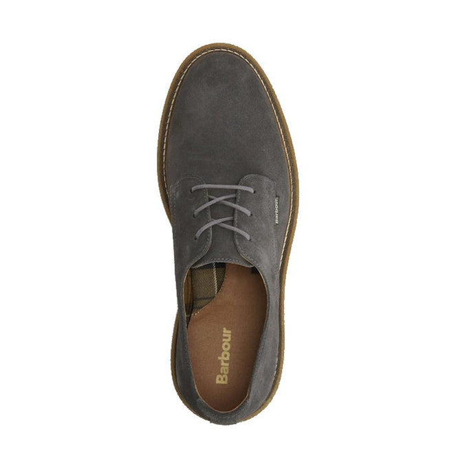 Top view of Barbour Mens Harefield Derby Lace Up Shoe: slate grey suede shoes with light brown stitching, a brown Barbour-branded inner sole, and plaid lining near the heel., 5063669166710, 5063669166727, 5063669166666, 5063669166673