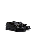 A pair of Barbour Jen Black Womens Croc Tassel Leather Loafers features premium leather, croc texture, low heel, decorative stitching, tassels, and a gold-tone chain on the front, shown against a white background.,., 5020985982790, 5020985983353, 5020985983933, 5020985984381, 5020985984824, 51850