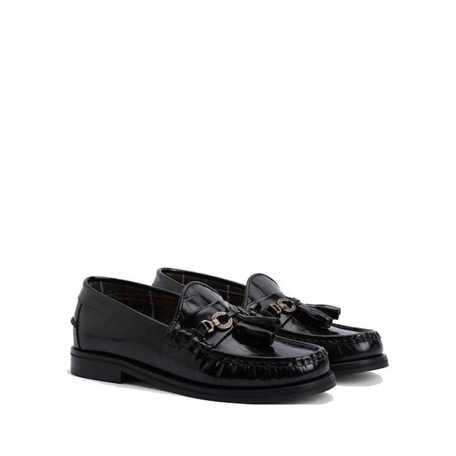 A pair of Barbour Jen Black Womens Croc Tassel Leather Loafers features premium leather, croc texture, low heel, decorative stitching, tassels, and a gold-tone chain on the front, shown against a white background.,., 5020985982790, 5020985983353, 5020985983933, 5020985984381, 5020985984824, 51850