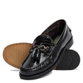 The Barbour Jen Black Womens Croc Tassel Leather Loafer features a shiny croc-embossed finish, gold-toned hardware, and tassels. One loafer stands upright; the other lies on its side, showing a light brown sole with a hexagonal pattern