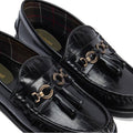 Close-up of Barbour Jen Black Womens Croc Tassel Leather Loafer—croc-embossed leather with tassels, metal accents, plaid interior lining, and visible Barbour branding on the insole., 5020985982790, 5020985983353, 5020985983933, 5020985984381, 5020985984824, 51850