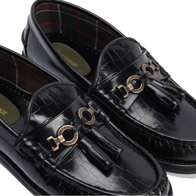 Close-up of Barbour Jen Black Womens Croc Tassel Leather Loafer—croc-embossed leather with tassels, metal accents, plaid interior lining, and visible Barbour branding on the insole., 5020985982790, 5020985983353, 5020985983933, 5020985984381, 5020985984824, 51850