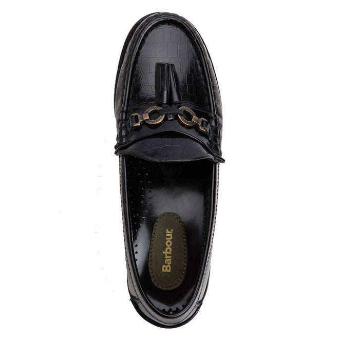 The Barbour Jen Black Womens Croc Tassel Leather Loafer features premium croc-embossed leather, a decorative tassel, gold chain detail, and a branded insole. Shown from above on a white background., 5020985982790, 5020985983353, 5020985983933, 5020985984381, 5020985984824, 51850