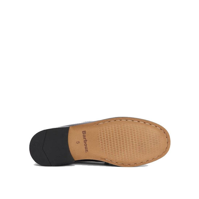The sole of a Barbour Jen Black Womens Croc Tassel Leather Loafer is shown facing upward. It features a tan textured grip area, black heel, and "Barbour 6" near the arch, set against a plain white background., 5020985982790, 5020985983353, 5020985983933, 5020985984381, 5020985984824, 51850
