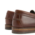 Close-up of the Barbour Jen Mahogany & Beige Women's Tassel Leather Loafer heels, highlighting stitching, smooth leather finish, and stacked wooden detail against a white background., 5063669169094, 5063669169100, 5063669169117, 5063669169124, 5063669169131, 51844