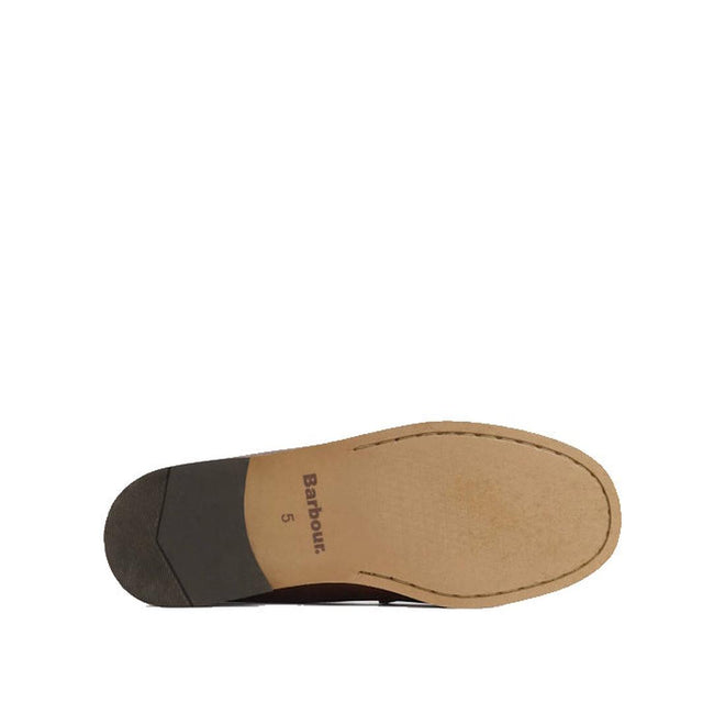 The sole of the Barbour Jen Mahogany & Beige Womens Tassel Leather Loafer is shown, featuring a textured heel, smooth tan leather sole, and Barbour branding with the number 5 printed near the arch., 5063669169094, 5063669169100, 5063669169117, 5063669169124, 5063669169131, 51844