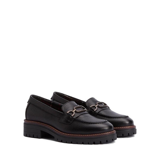 Barbour Maddie Black Leather Womens Chunky Loafer features black leather, chunky rubber soles, and metal horsebit accents, inspired by the classic design and shown against a white background., 51897, 5020985778720, 5020985779352, 5020985780068, 51901, 51902