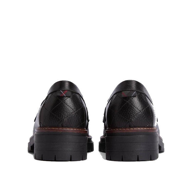 Back view of the Barbour Maddie Black Leather Womens Chunky Loafer, featuring chunky rubber soles and subtle stitching details, displayed on a white background., 51897, 5020985778720, 5020985779352, 5020985780068, 51901, 51902