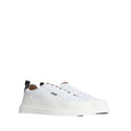 Barbour Mens Stannington White Navy Trench Leather Trainer: white leather sneakers with white laces, thick white sole, and navy heel tabs, displayed against a plain white background.