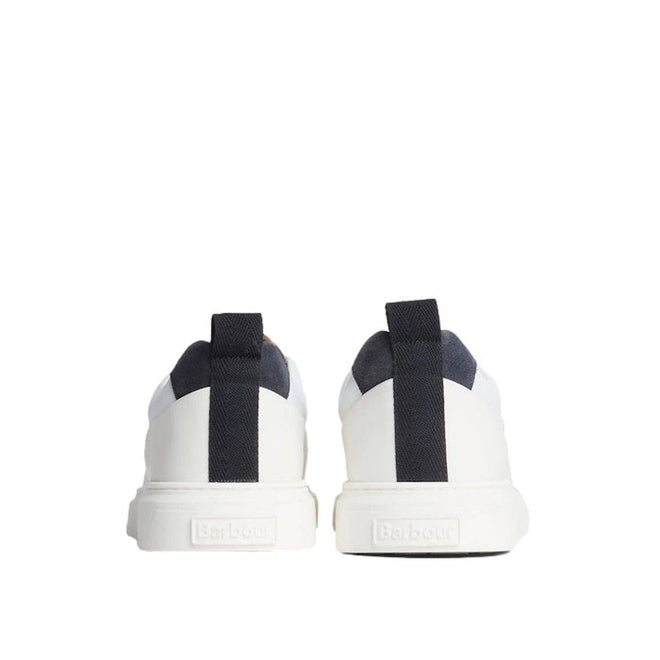 The Barbour Mens Stannington White Navy Trench Leather Trainer features a white leather design, dark navy heel tabs, and the Barbour brand embossed on each heel for a stylish finish., 5063669168325, 5063669168332, 5063669168271, 51896